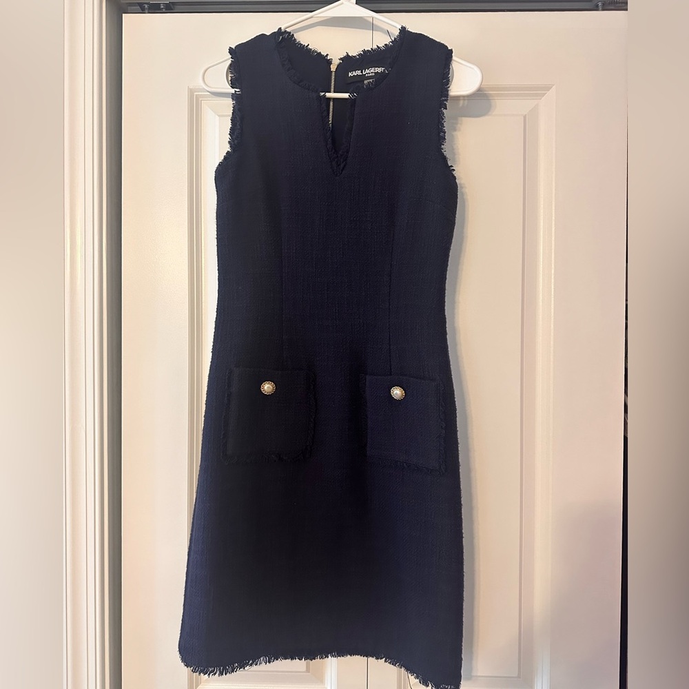Navy blue tweed shift dress